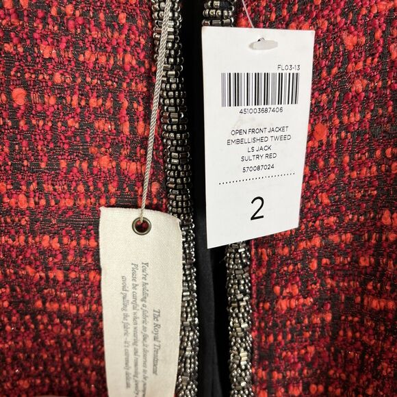 NWT Chico’s Women Open Front Jacket Embellished Tweed Blazer Red‎ Black Size 2 - Picture 5 of 13